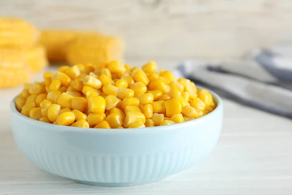 Delicious Canned Corn Bowl White Wooden Table Closeup — Stock Photo, Image