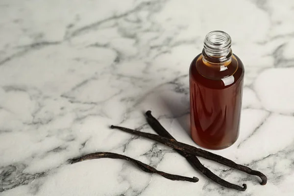 Aromatic Homemade Vanilla Extract Marble Table Space Text — Stock Photo, Image