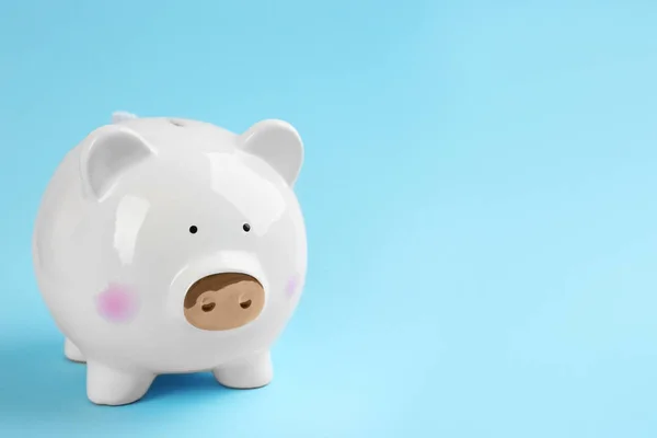 White Piggy Bank Light Blue Background Space Text — 스톡 사진