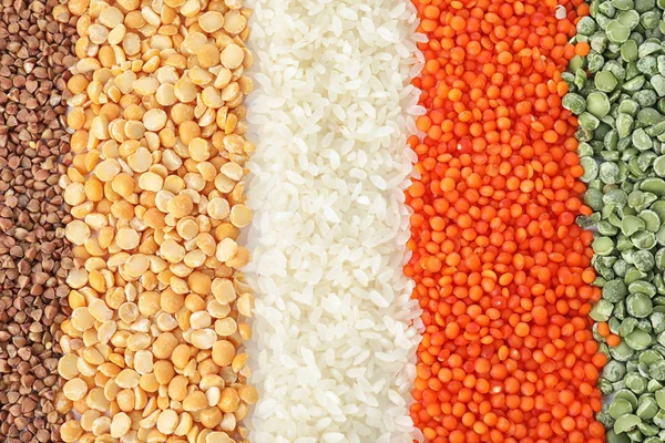Diferentes Tipos Legumbres Cereales Como Fondo Vista Superior Granos Orgánicos — Foto de Stock