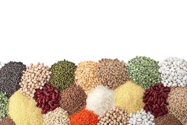 Different Types Legumes Cereals White Background Top View Organic Grains — Stock Photo, Image