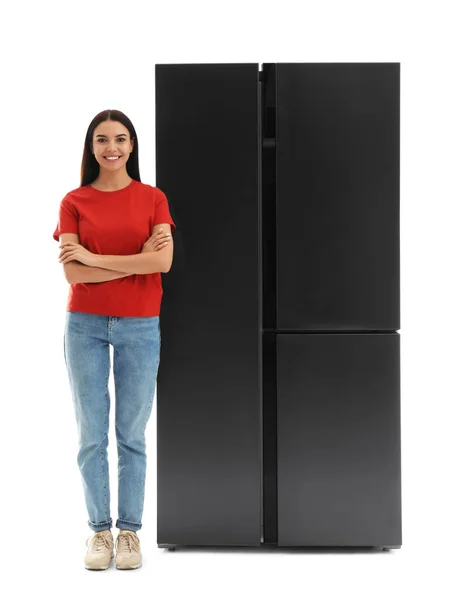 Young Woman Refrigerator White Background — Stock Photo, Image