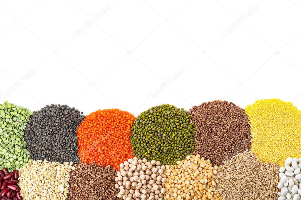 Different grains and cereals on white background, top view
