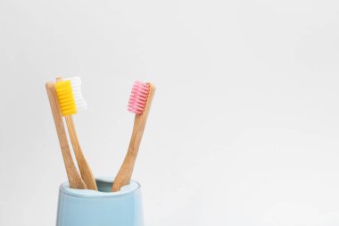 Tutucudaki bambu diş fırçaları beyaza izole edilmiş.