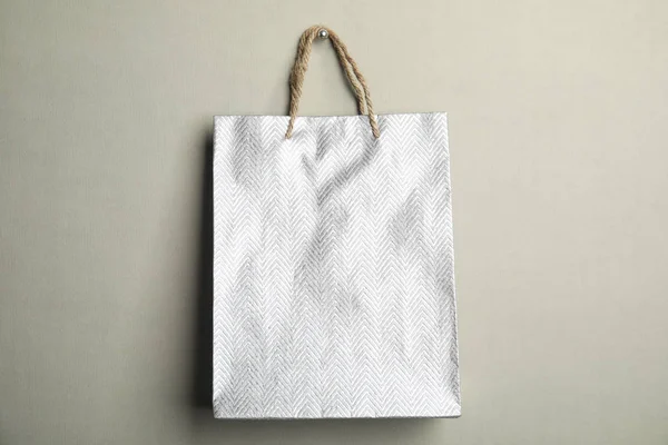 Silver Shopping Paper Bag Grey Background — Stock Photo, Image