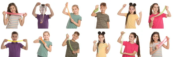 Colagem Crianças Com Diferentes Slimes Fundo Branco — Fotografia de Stock