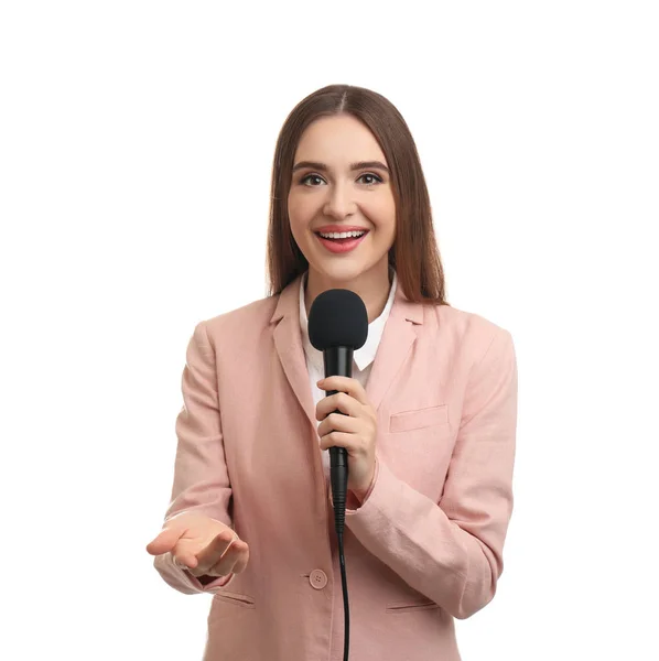 Young Female Journalist Microphone White Background — ストック写真