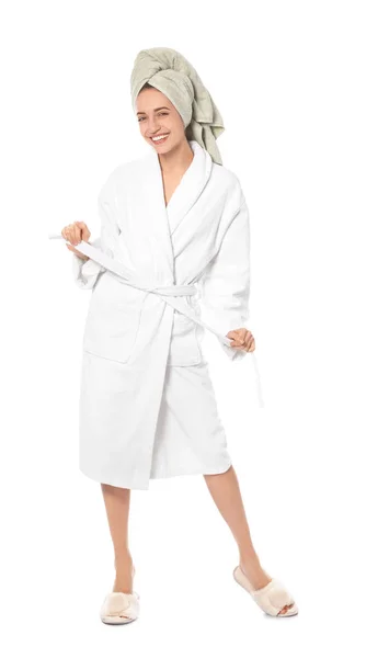 Beautiful Young Woman Wearing Bathrobe White Background — Stock Photo, Image