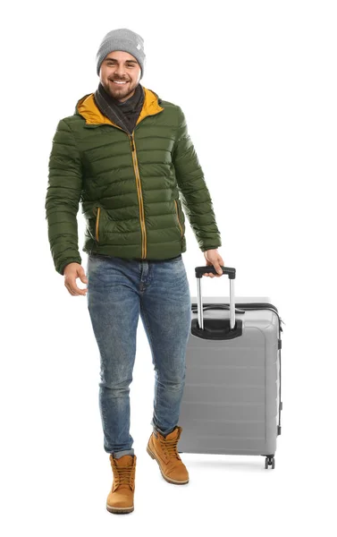 Junger Mann Warmer Kleidung Mit Koffer Auf Weißem Hintergrund Winterurlaub — Stockfoto