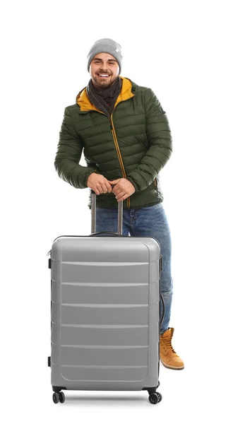 Junger Mann Warmer Kleidung Mit Koffer Auf Weißem Hintergrund Winterurlaub — Stockfoto