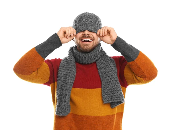 Emotional Young Man Warm Clothes White Background Winter Vacation — Stock Photo, Image