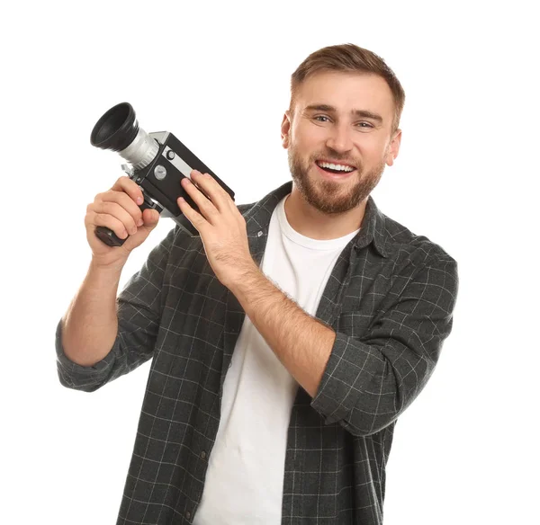 Junger Mann Mit Vintage Videokamera Auf Weißem Hintergrund — Stockfoto