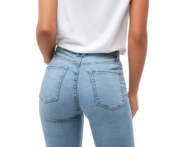 Woman wearing jeans on white background, closeup — Stock Photo, Image