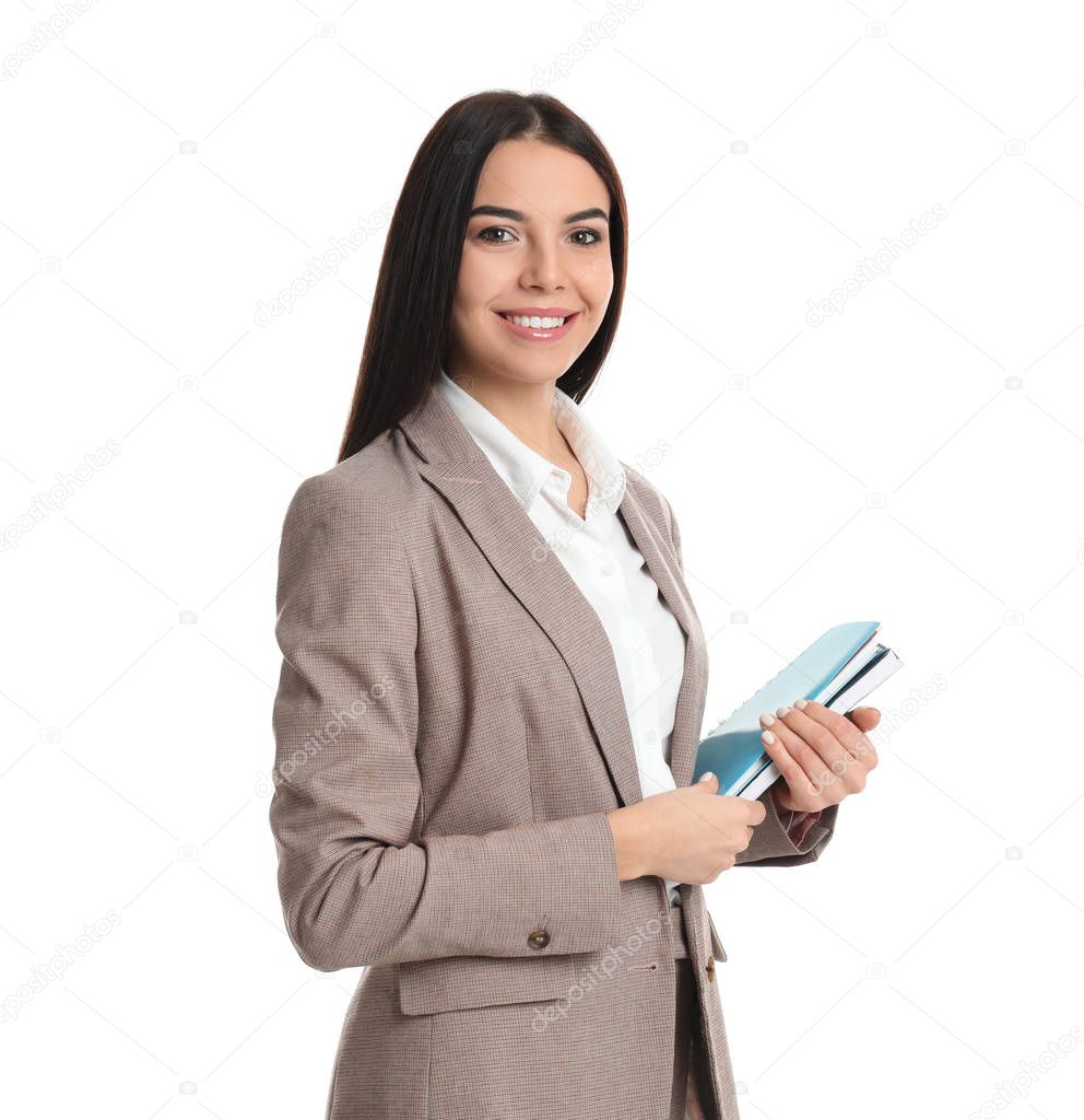 Real estate agent with notebook on white background