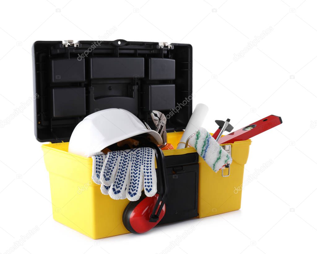Construction tools in box isolated on white