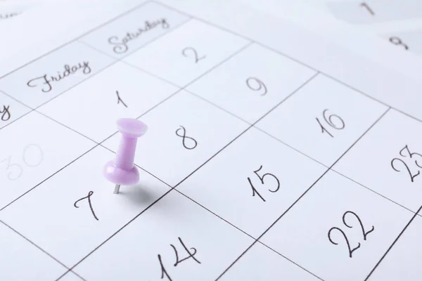 Calendar Page Marked Drawing Pin Closeup — Stock Photo, Image