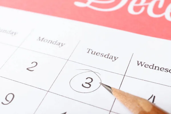 Pencil Calendar Page Marked Date Closeup — Stock Photo, Image