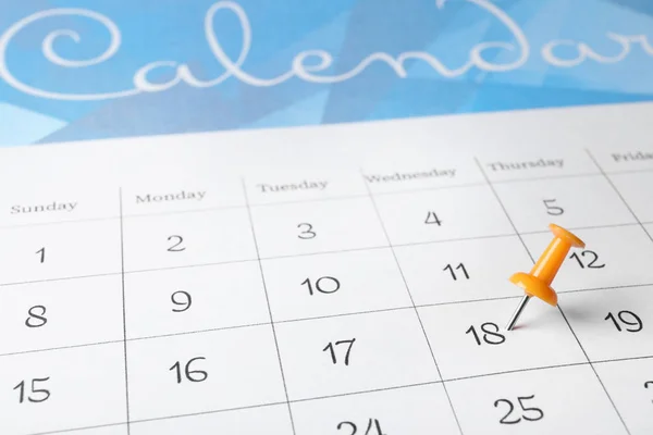 Calendar Page Marked Drawing Pin Closeup — Stock Photo, Image