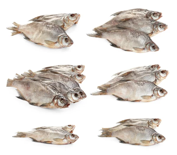 Set Von Leckeren Trockenen Fischen Auf Weißem Hintergrund — Stockfoto