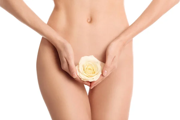 Woman Flower Showing Smooth Skin Brazilian Bikini Epilation White Background — Stock Photo, Image