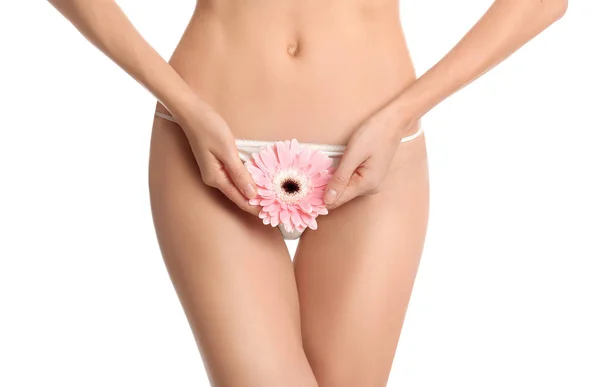 Woman Flower Showing Smooth Skin Brazilian Bikini Epilation White Background — Stock Photo, Image