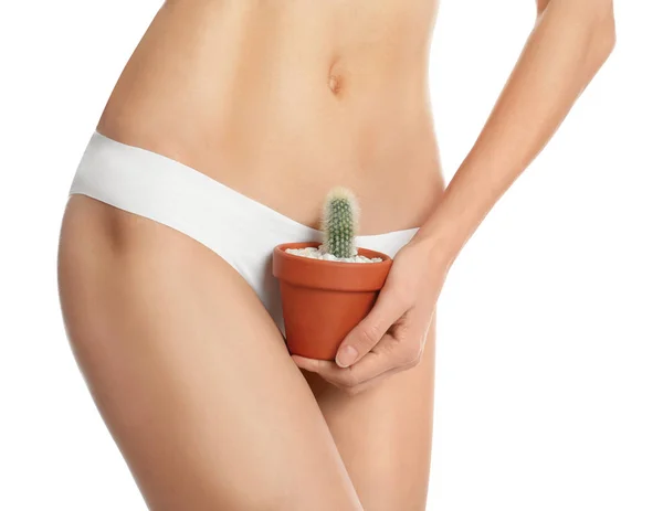 Donna Con Cactus Che Mostra Pelle Liscia Dopo Epilazione Del — Foto Stock