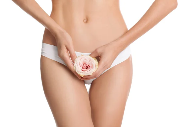 Woman with flower showing smooth skin after bikini epilation on white background, closeup. Body care concept — Stock Image Woman Flower Showing Smooth Skin Bikini Epilation White Background Closeup Stock Image