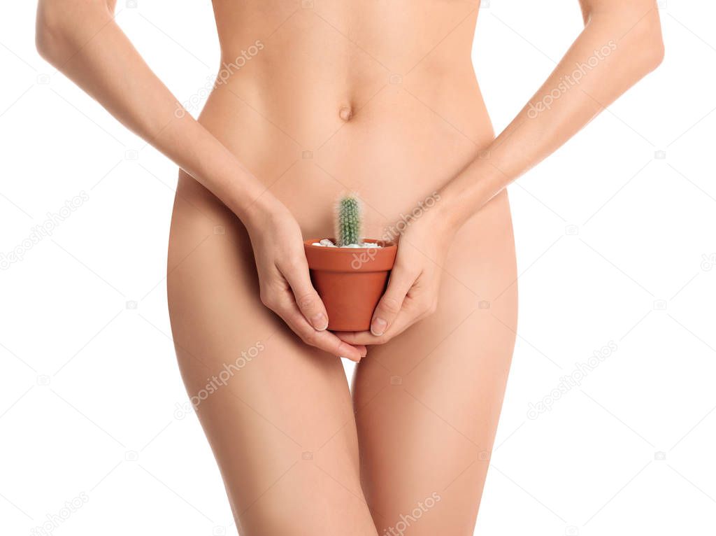 Woman with cactus showing smooth skin after Brazilian bikini epilation on white background, closeup. Body care concept
