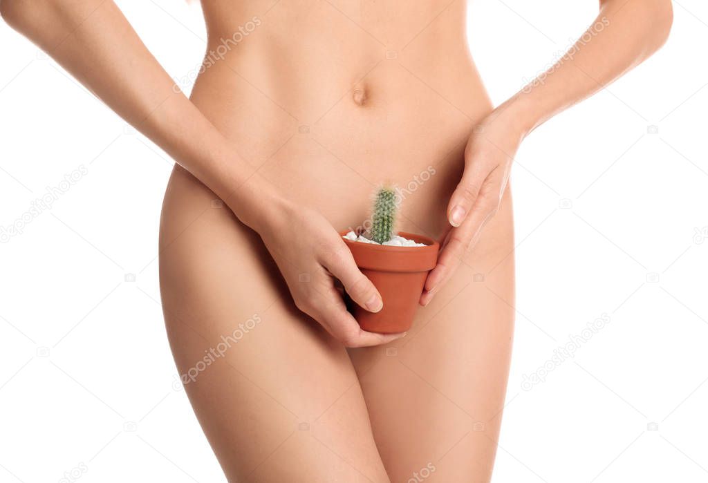 Woman with cactus showing smooth skin after Brazilian bikini epilation on white background, closeup. Body care concept