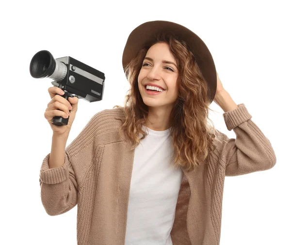 Mooie Jonge Vrouw Met Vintage Video Camera Witte Achtergrond — Stockfoto