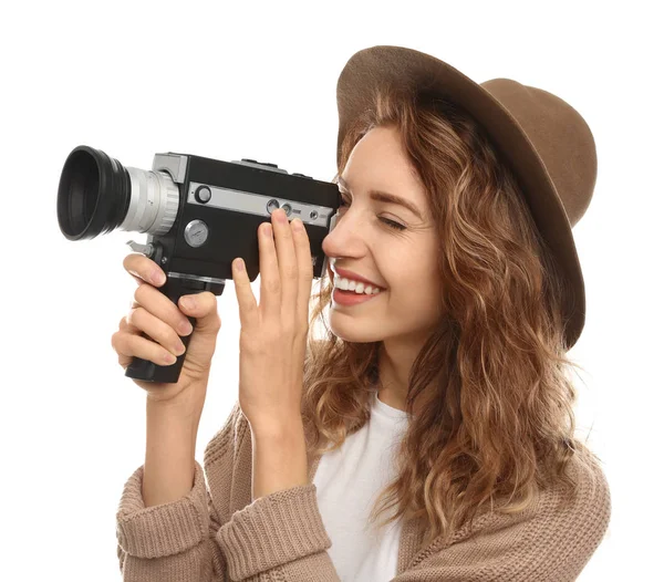 Mooie Jonge Vrouw Met Behulp Van Vintage Video Camera Witte — Stockfoto