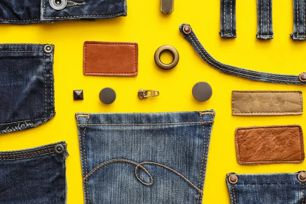 Composição Leigos Planos Com Acessórios Vestuário Detalhes Corte Para Jeans — Fotografia de Stock