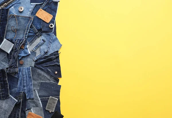 Flat Lay Composition Patches Old Jeans Yellow Background Space Text — Stock Photo, Image