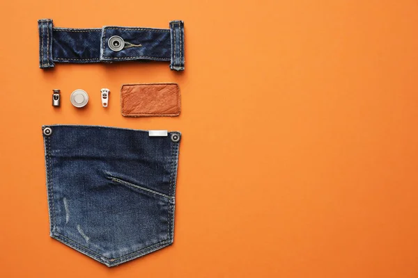 Flat Lay Compositie Met Kledingtoebehoren Snij Details Voor Jeans Oranje — Stockfoto