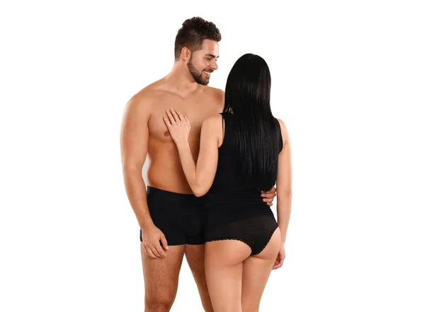 Junges Paar Schwarzer Unterwäsche Auf Weißem Hintergrund — Stockfoto