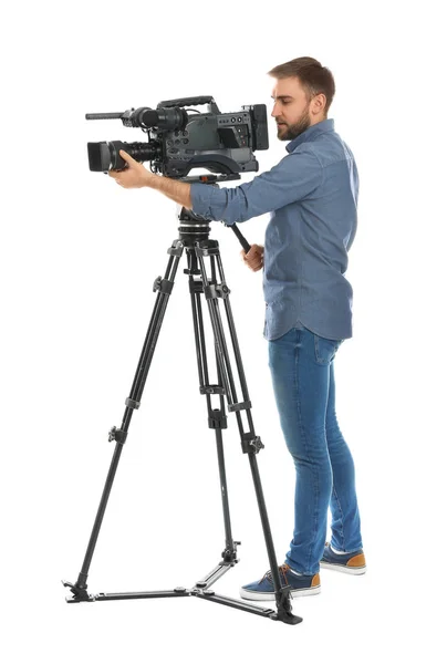 Operador com câmera de vídeo profissional em fundo branco — Fotografia de Stock