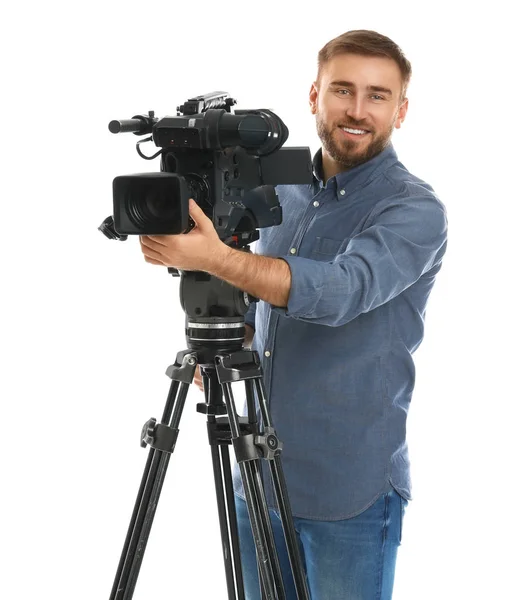 Bediener mit professioneller Videokamera auf weißem Hintergrund — Stockfoto