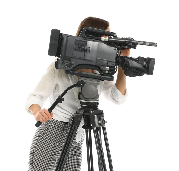 Exploitant met professionele videocamera op witte achtergrond — Stockfoto