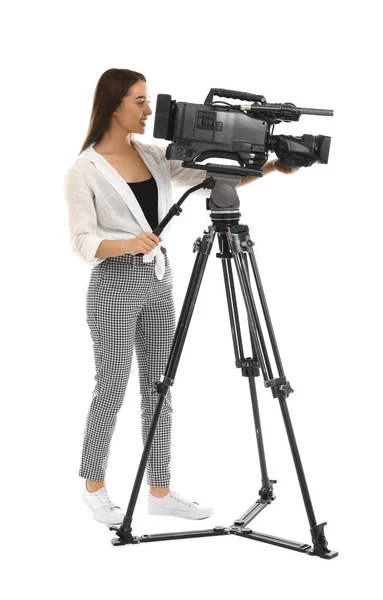 Φορέας εκμετάλλευσης με τον επαγγελματία βιντεοκάμερα σε λευκό φόντο — Φωτογραφία Αρχείου
