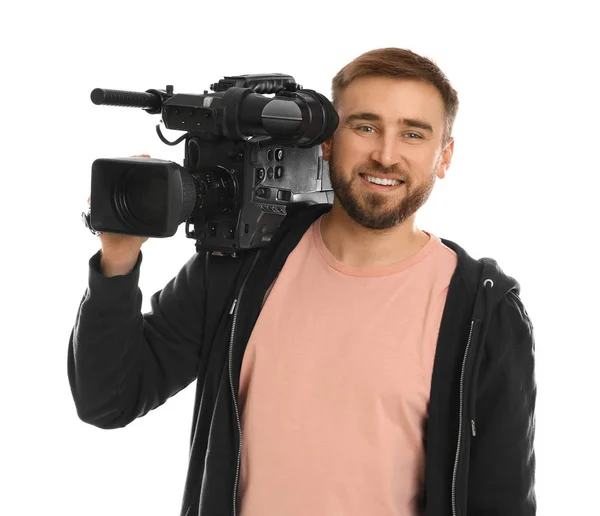 Opérateur avec caméra vidéo professionnelle sur fond blanc — Photo