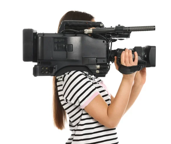 Exploitant met professionele videocamera op witte achtergrond — Stockfoto