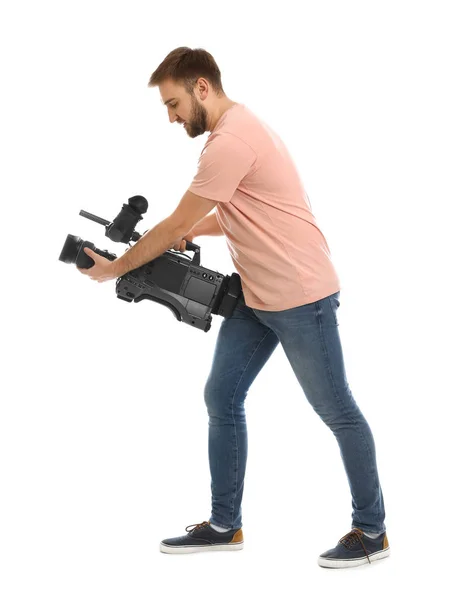 Operador con videocámara profesional sobre fondo blanco — Foto de Stock