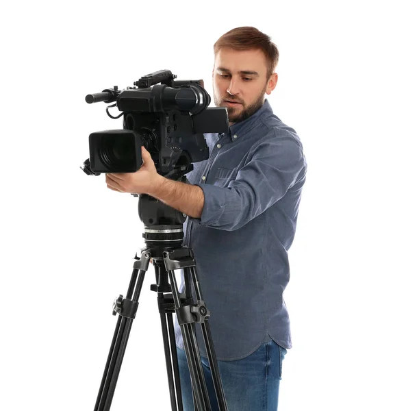 Operator with professional video camera on white background — Stock Photo, Image