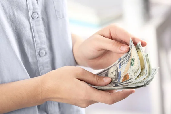 Woman Counting Money Blurred Background Closeup — Stock Photo, Image