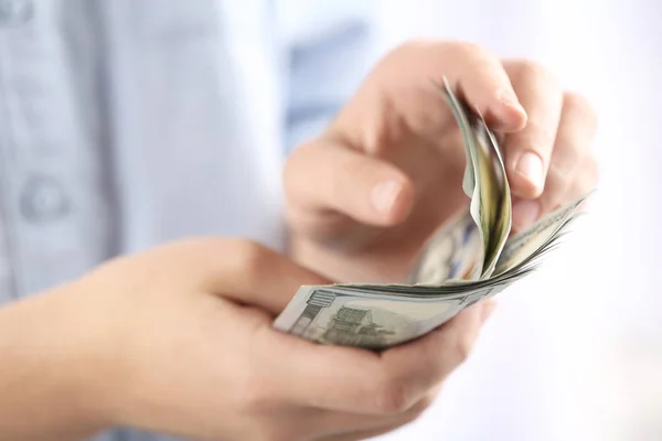 Woman Counting Money Blurred Background Closeup — Stock Photo, Image