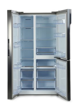 Modern paslanmaz çelik buzdolabı beyaza izole edilmiş.