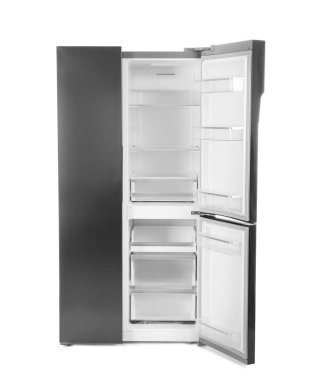 Modern paslanmaz çelik buzdolabı beyaza izole edilmiş.