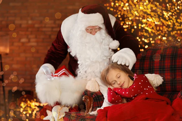 Santa Claus Christmas Gifts Standing Sleeping Little Girl Indoors — Stock Photo, Image
