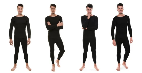 Collage Man Bär Termiska Underkläder Isolerade Vitt — Stockfoto