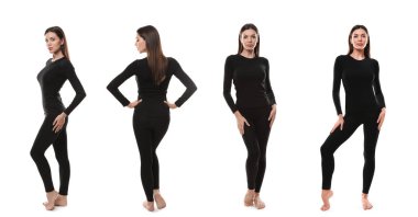 Beyaz üzerine izole edilmiş termal iç çamaşırı giyen kadın kolajı